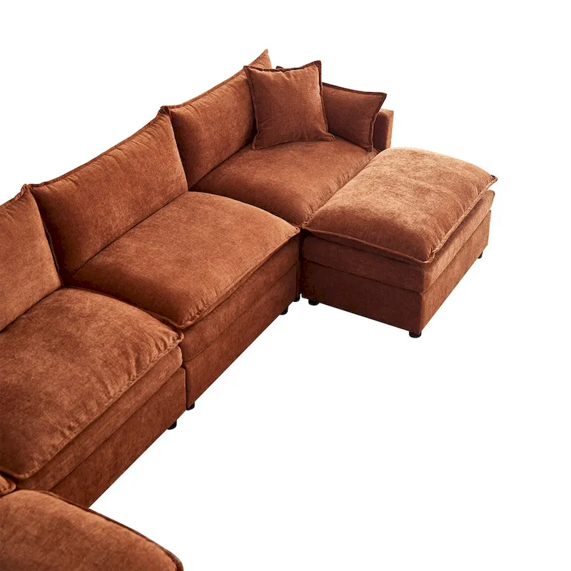 Spacious 142.52 U-Shaped Chenille Sectional Sofa with Double Cushions, Convertible Chaise and Ottomans