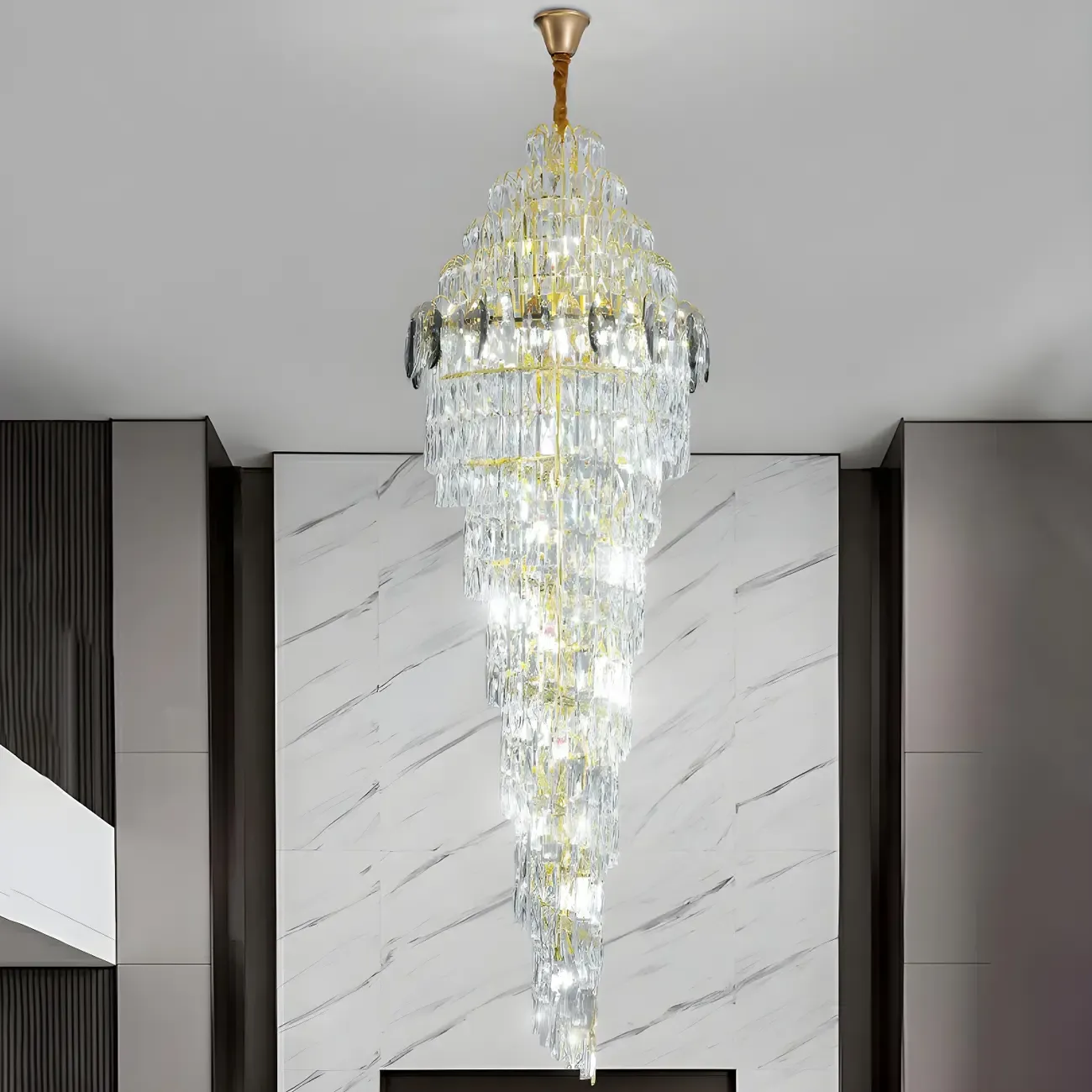 Luxury Gold Spiral Crystal Stairwell Chandelier Height Adjustable
