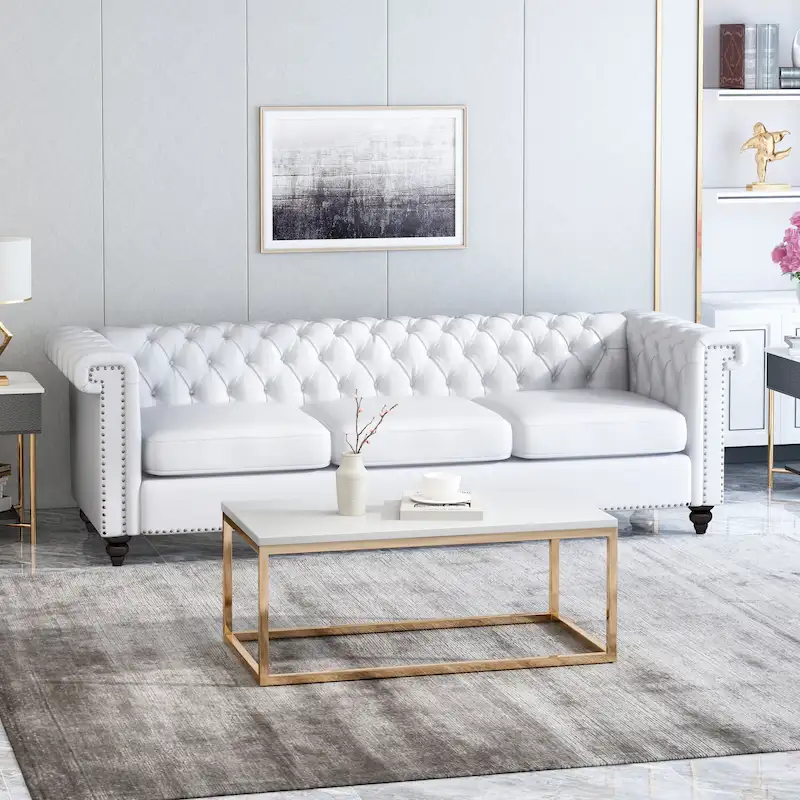 White 83 Chesterfield Button Tufted 3-Seater Sofa with Nailheads and Legs