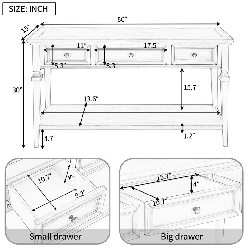 Classic Retro Style Console Table with Three Drawers