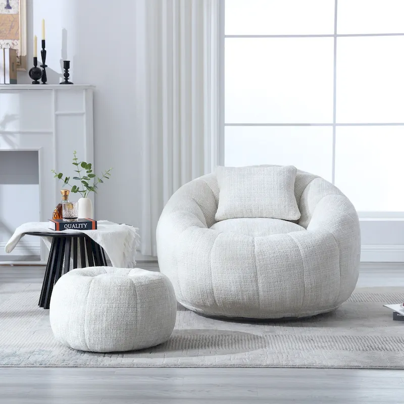 HOMEFUN Chenille Upholstered Round Lazy Cozy Bean Bag Chair with Ottoman and a Pillow