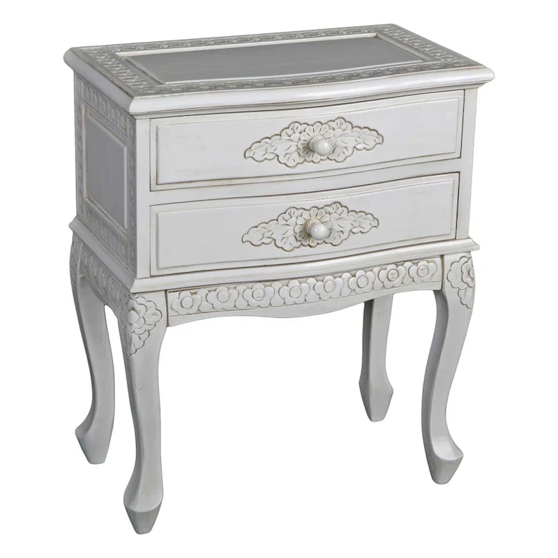 2-Drawer Carved Hardwood End Table with Antique White Finish