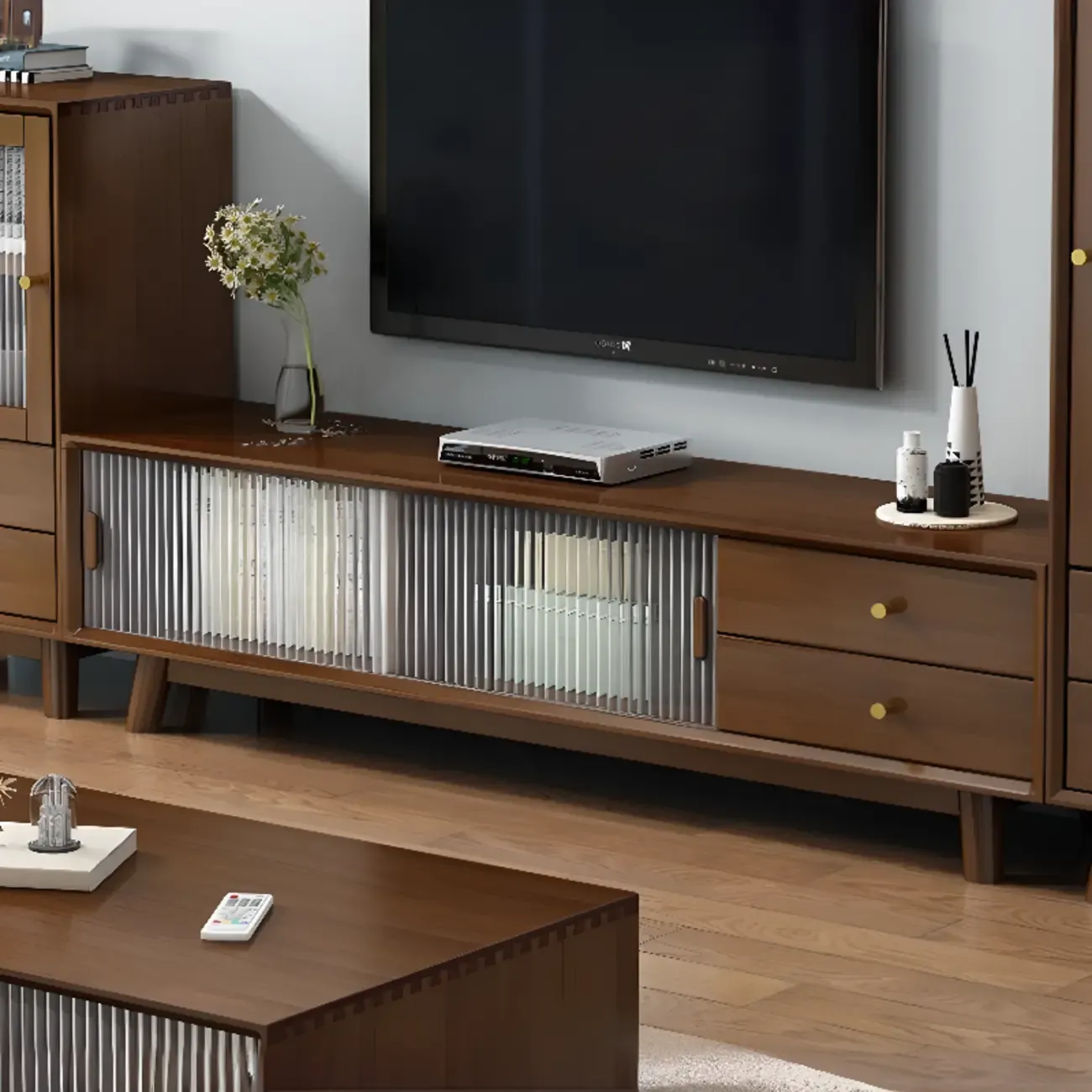 Durable Natural Wooden TV Stand with Cable Management