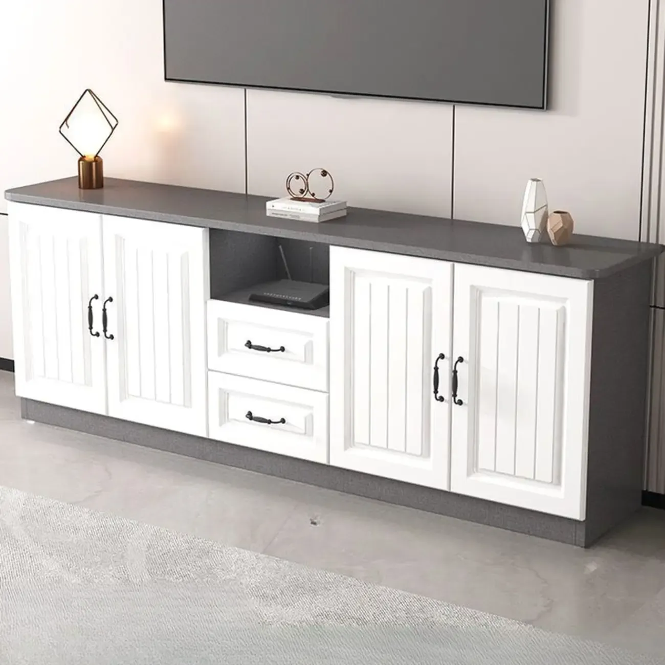 63 Living Room Gray Wood Open Storage TV Stand with Drawers