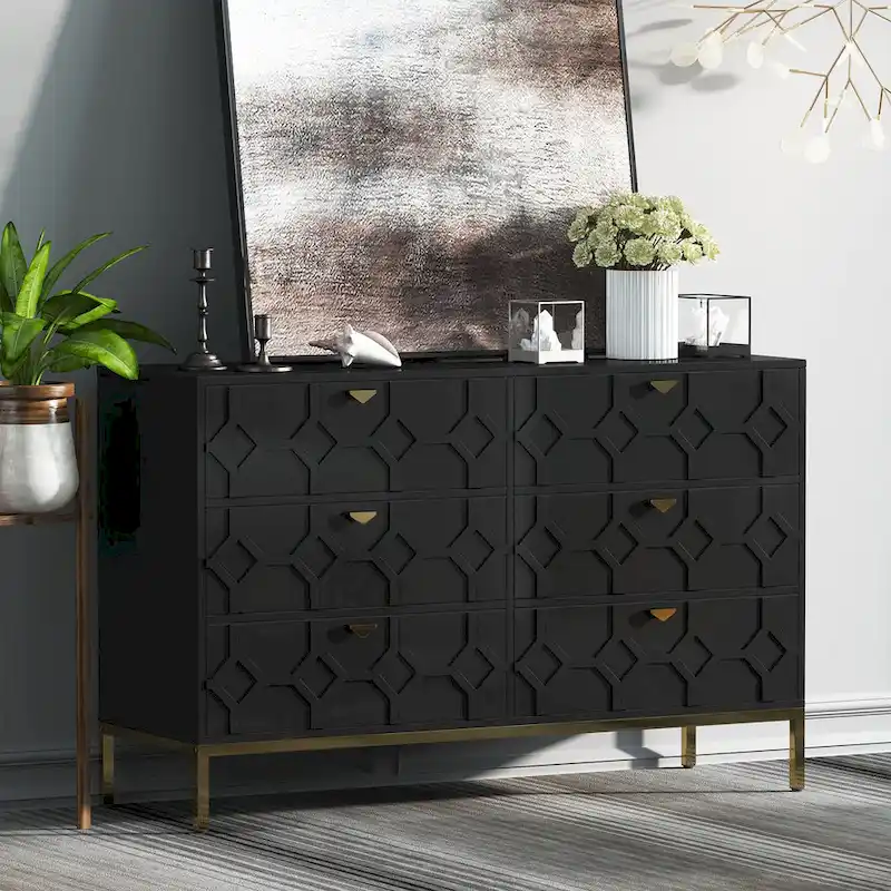 Clihome Wooden Storage 6 Drawer Double Dresser for Bedroom