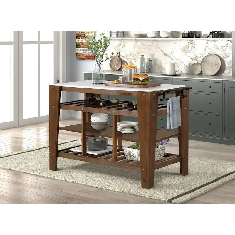 Kitchen Island with 3 Open Shelves in White