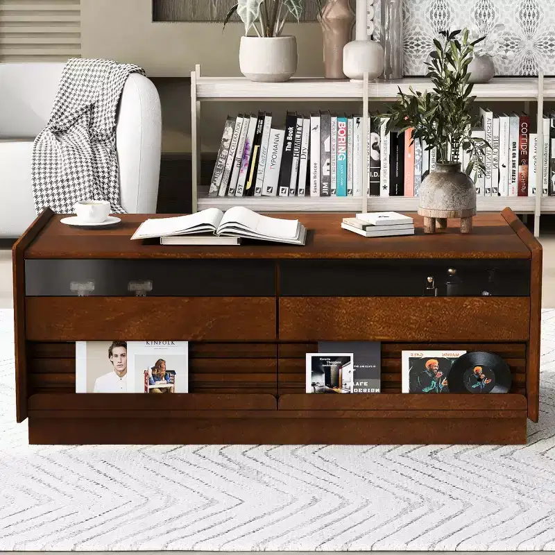 47.2 Modern Rectangle Coffee Table with 4 Drawers, 2 Display Shelves and Tempered Glass Top - Panipeachy