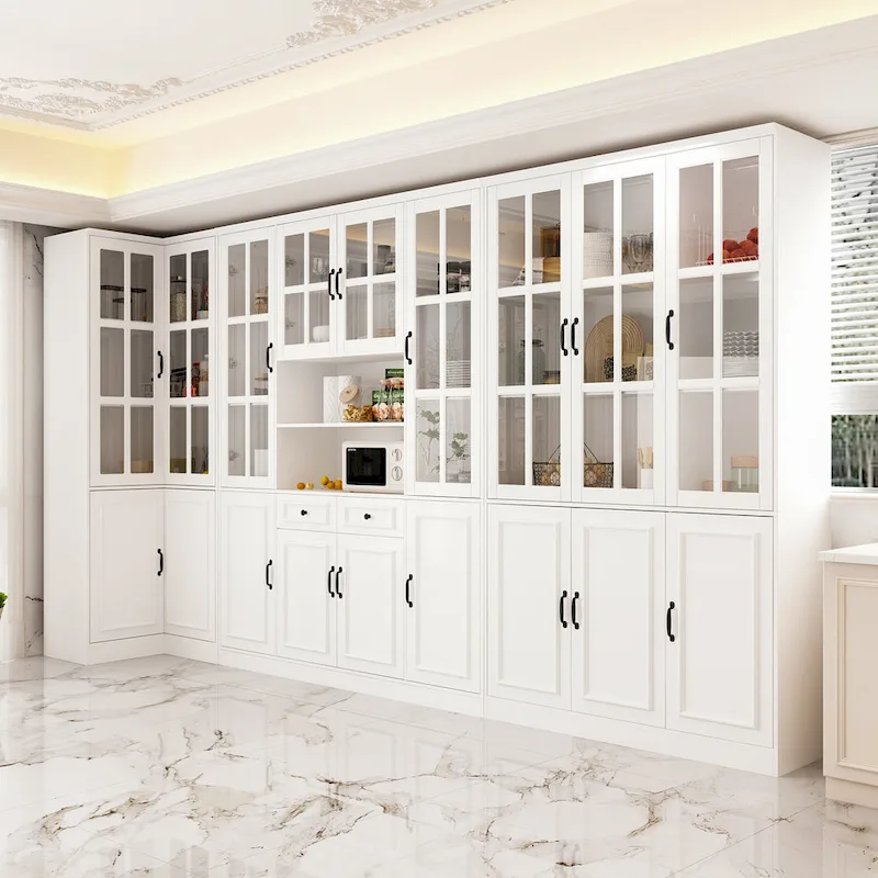 78.7H Combo Buffet Sideboard White Curio Bookcase Cabinet Glass Door