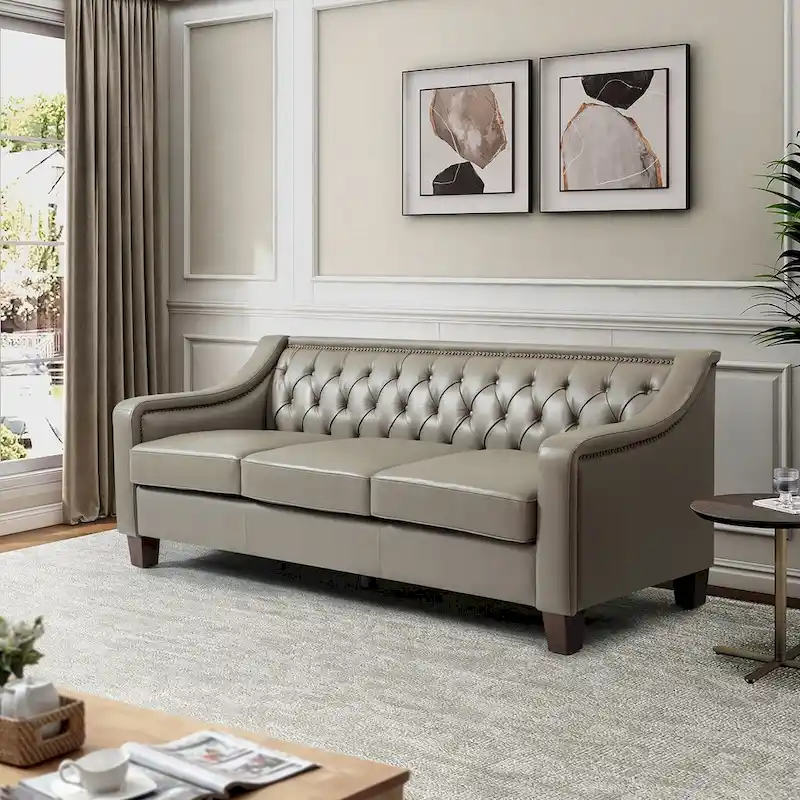 Mateo 82.28 Wide Transitional Genuine Leather Sofa with Nailhead Trim and Button-Tufted Back