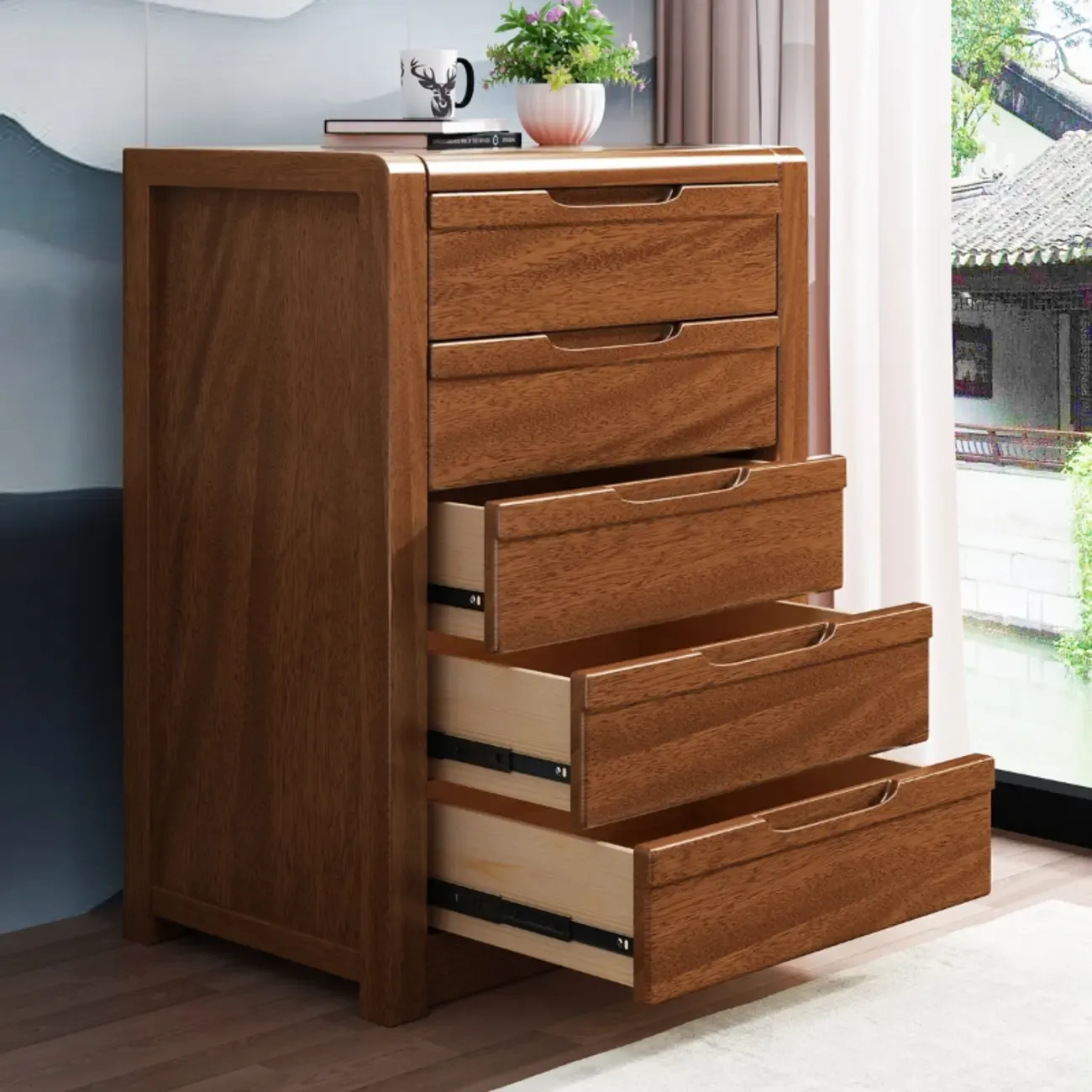 Freestanding Mid-Century Brown Solid Wood Cabinet with Drawers