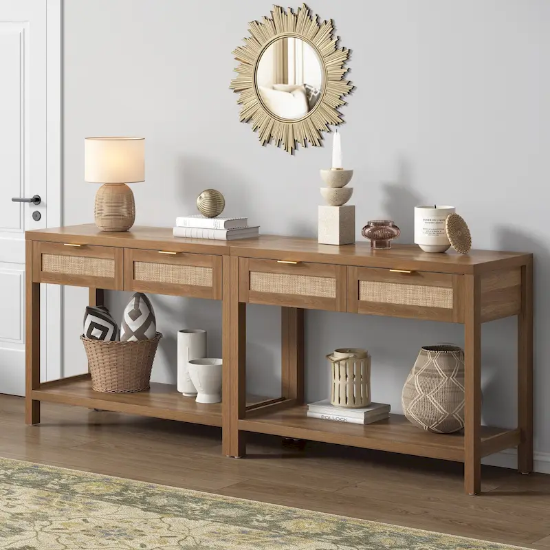 SICOTAS Rattan Console Table with 2 Drawers and Shelves - 30 x 39.4 x 13.8