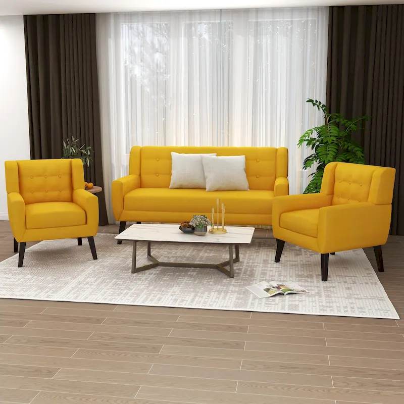 3-Piece Tufted Linen Loveseat & Armchair Set, Beige/Grey/Yellow/Blue/White/Light Blue, Seats 3+