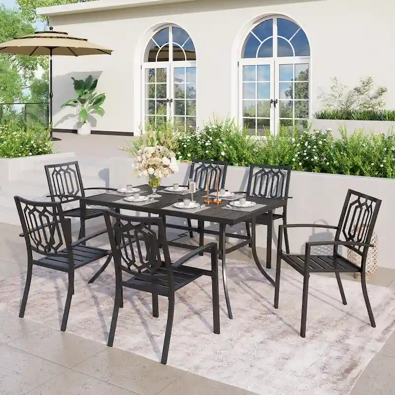 MAISON ARTS Patio Dining Set 7 Piece Metal Rectangle Patio Table with 2.6  Umbrella Hole and 6 Metal Dining Chairs, Black