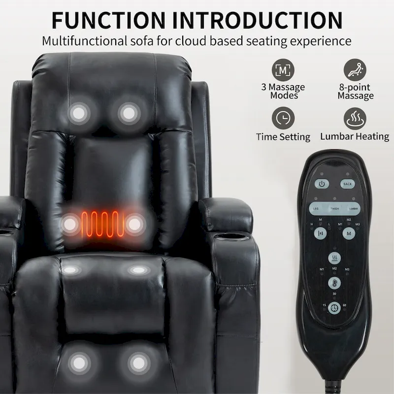Black PU Leather Power Lift Recliner, 8-Point Massage, Heated, USB
