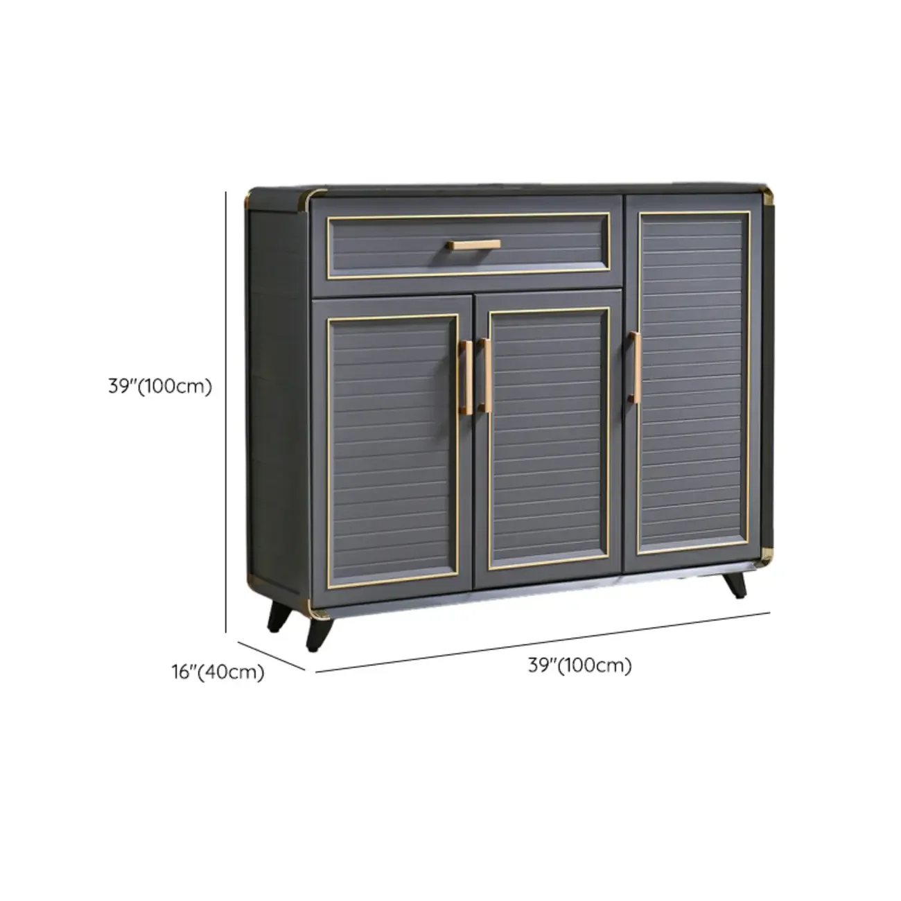 Luxury Grey Metal Entryway Shoe Cabinet with Gold Trim