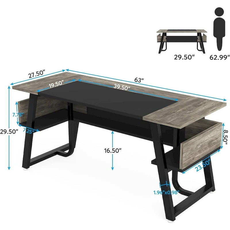 63 Inches Large Executive Desk with Bottom Shelves