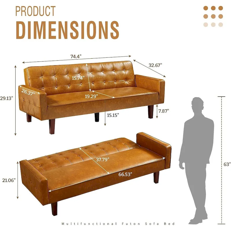 Faux Leather Futon Sofa Bed Sleeper Couch, Mid Century Button Tufted Upholstered Convertible Sofa Bed with Wooden Legs