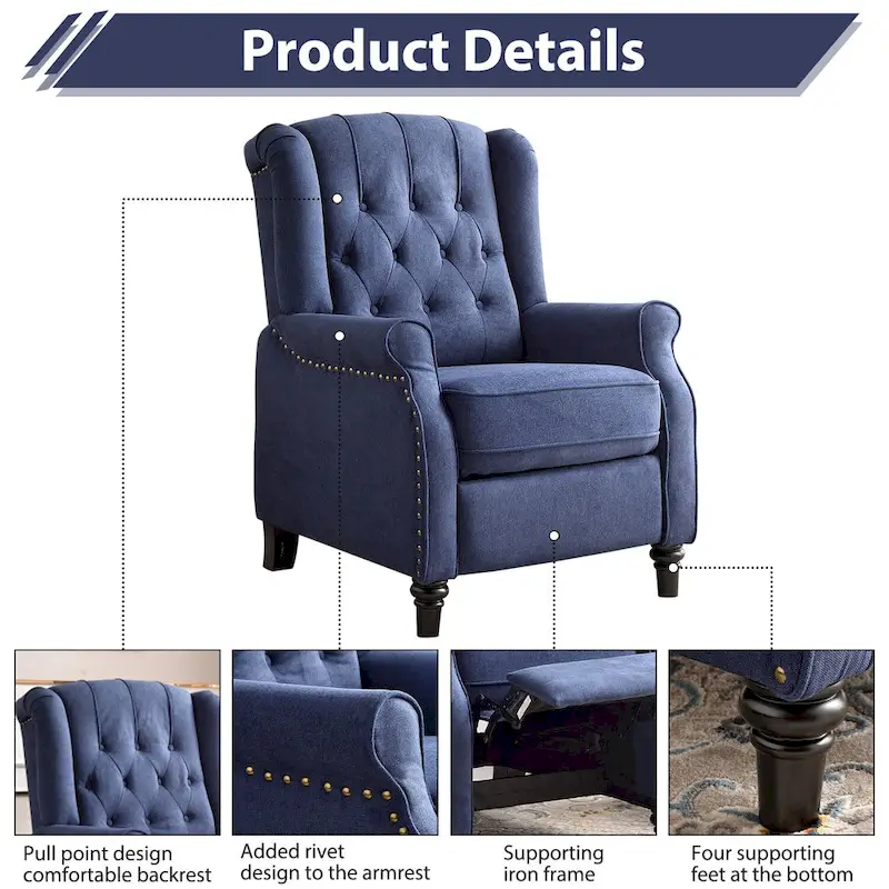 Push Back Recliner with Tufted Back and Wooden Legs