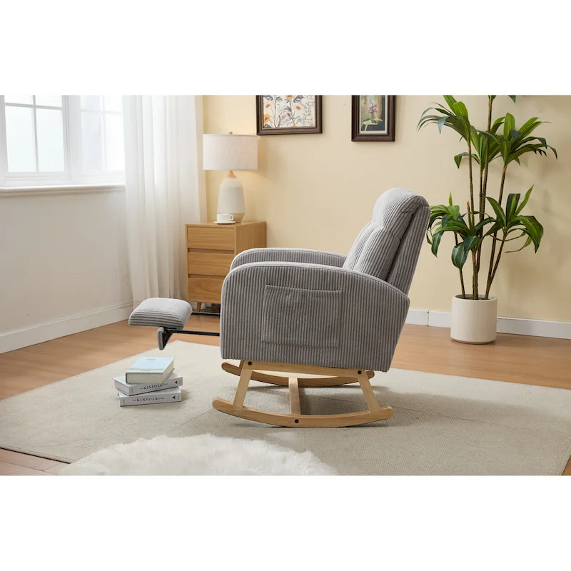 Accent Rocking Chair with Solid Wood Legs, Upholstered Nursery Glider Rocker, Comfy Armchair with Side Pocket