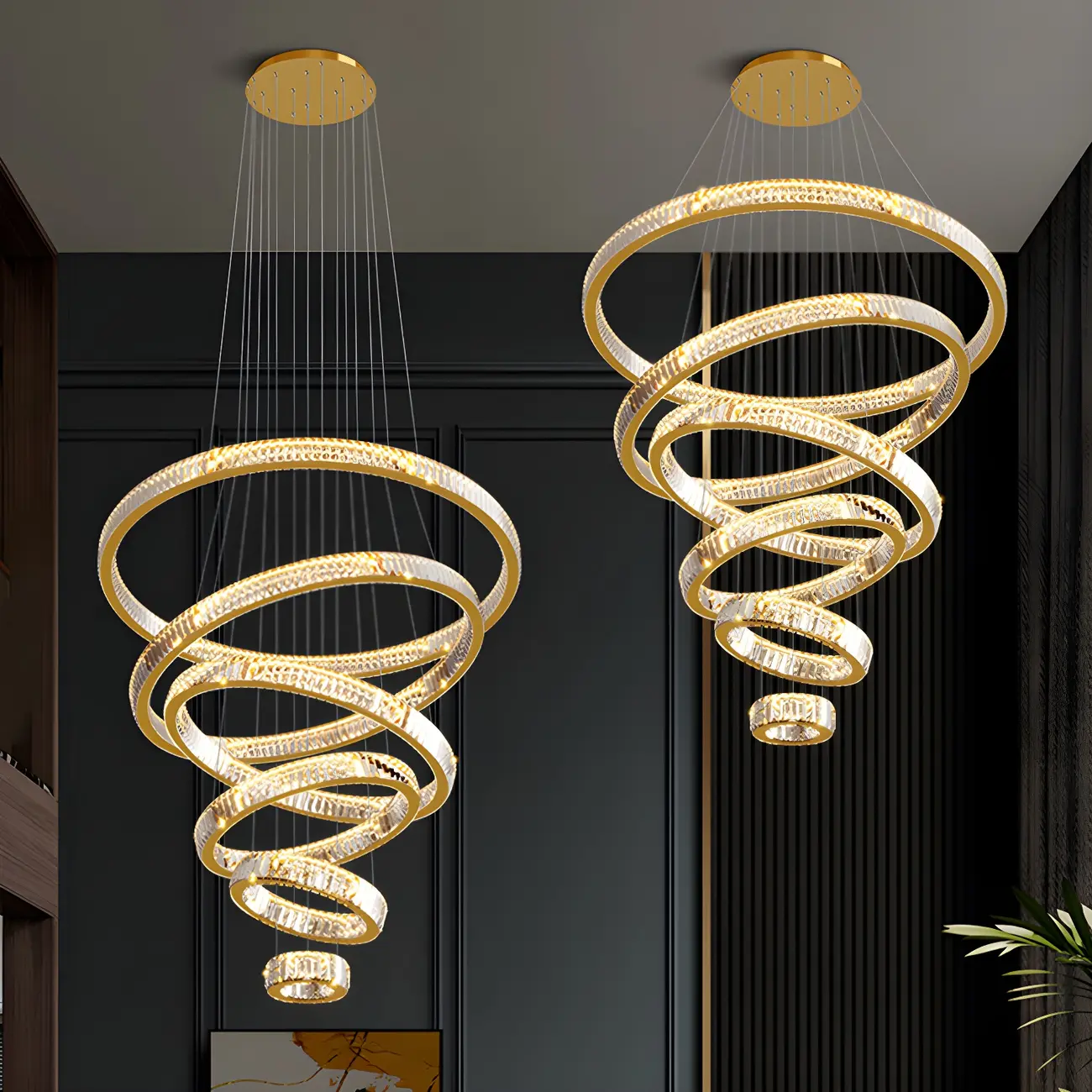 Gold Spiral Ring Crystal Tier Chandelier Modern Remote LED