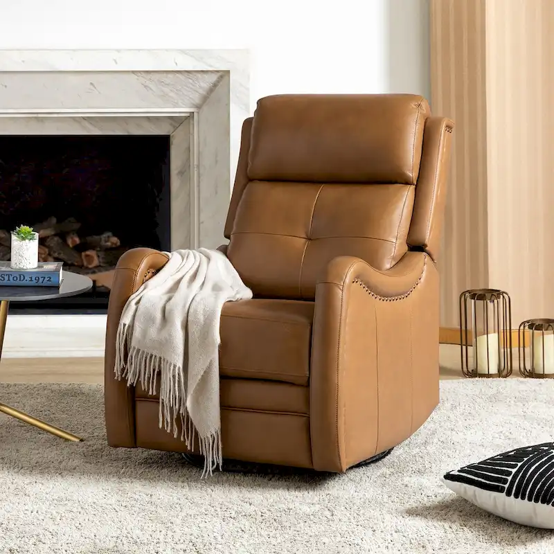 Genuine Leather Swivel Rocker Recliner with Nailhead Trims by