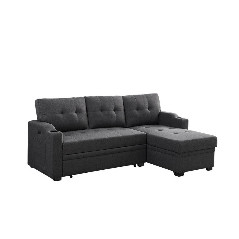 Mabel 83-inch Dark Gray Sleeper Sectional Sofa with Cup Holder, USB Charging Port, and Pocket - 83W x 54D x 35H