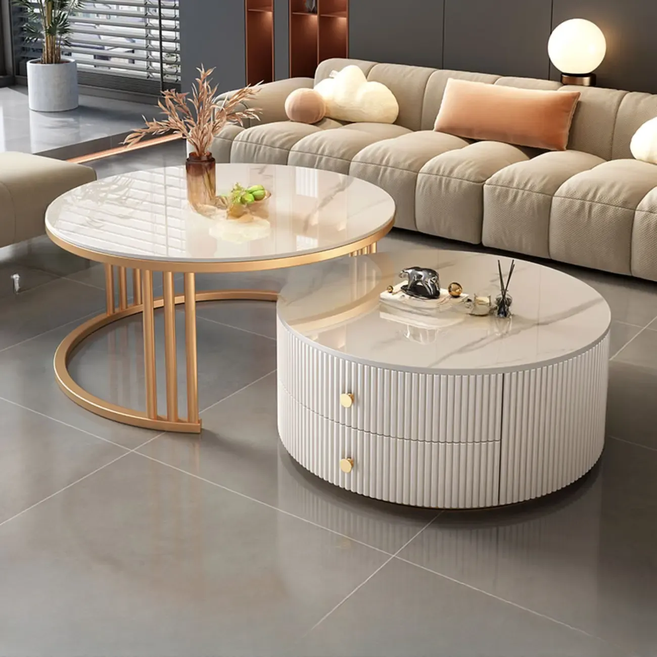 Modern White Round Nesting Coffee Table Set with Steel Base