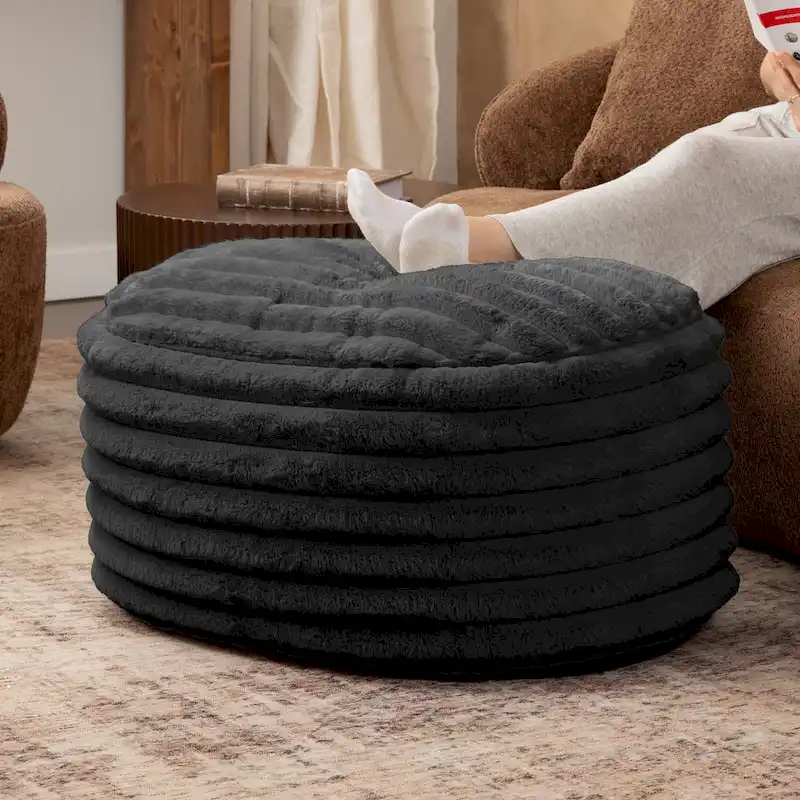 Large Ribbed Faux Fur Plush Pouf Ottoman - 35 - Black