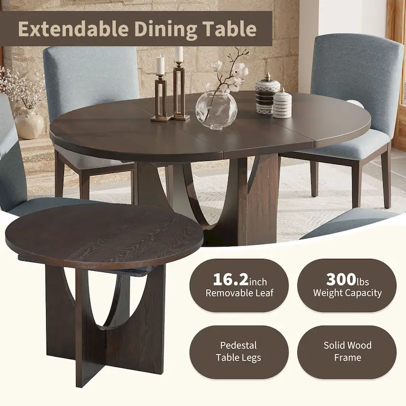 5-Piece Round Extendable Dining Table Set with Upholstered Chairs