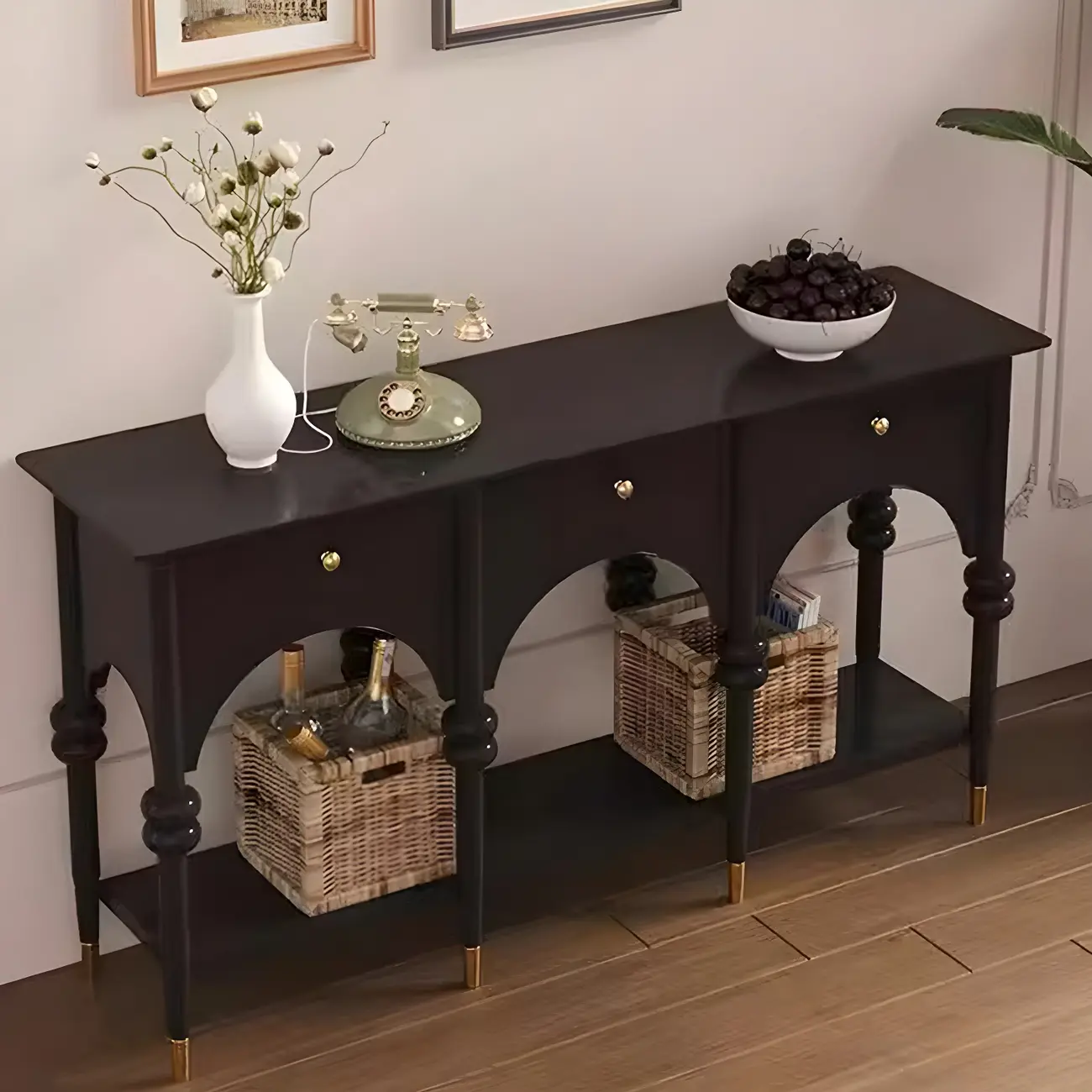Rectangular Black Wood Console Table with Drawers