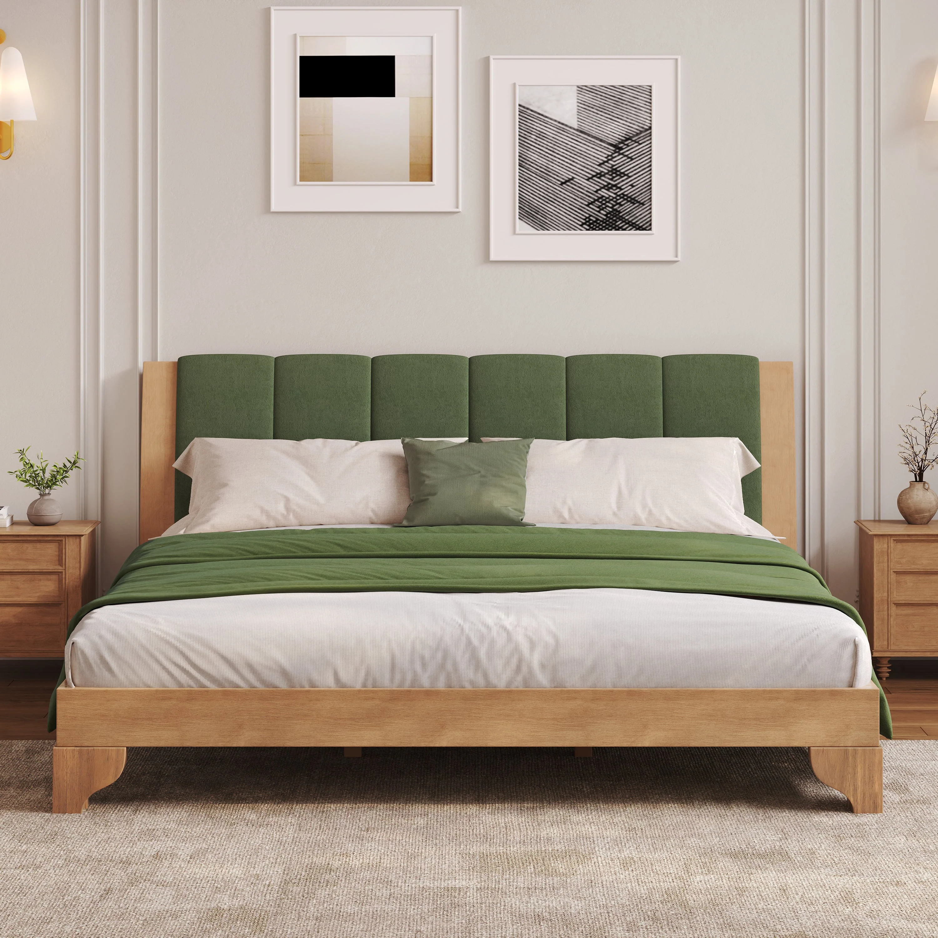 Mid Century Modern Wood and Upholstered Bedframe