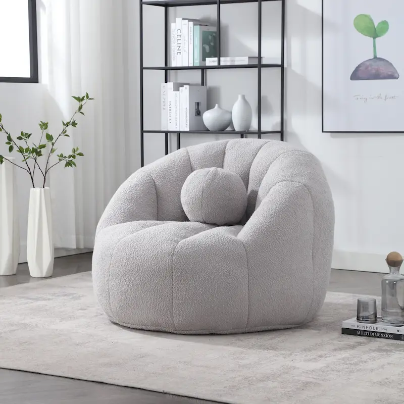 HOMEFUN Boucle Upholstered Round Lazy Cozy Bean Bag Chair With a Pillow