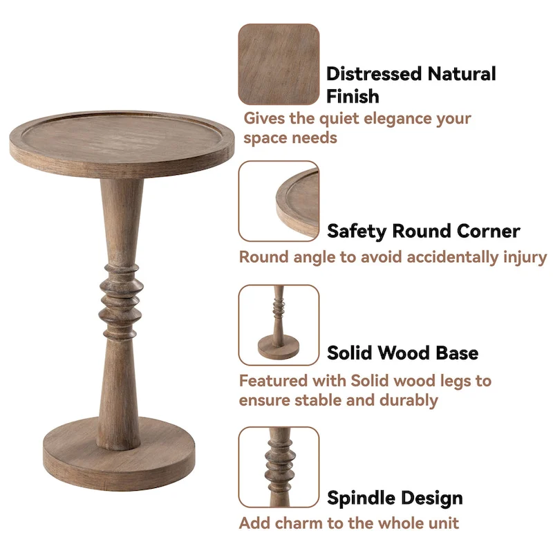 COZAYH Pedestal Small Drinking Table, Farmhouse Tray Top End Table, Distressed Finish, Traditional