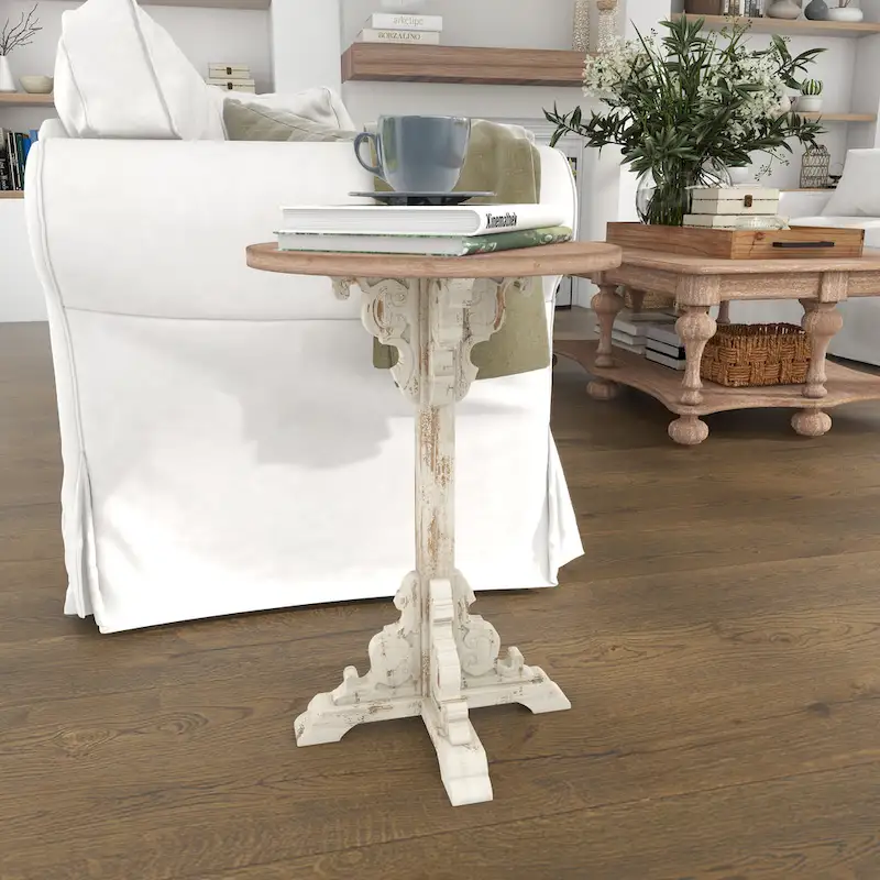 Wood Scroll Intricately Carved Accent End Table, Rustic Brown Gray Cream Side Table