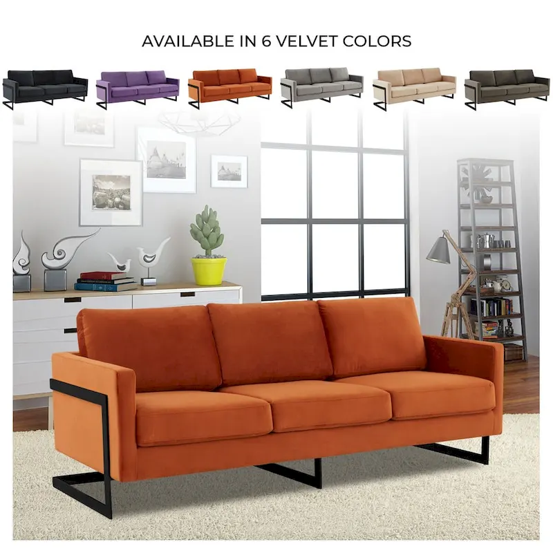 Leisuremod Lincoln 3-Seater Upholstered Velvet Sofa with Black Stainless-Steel Base