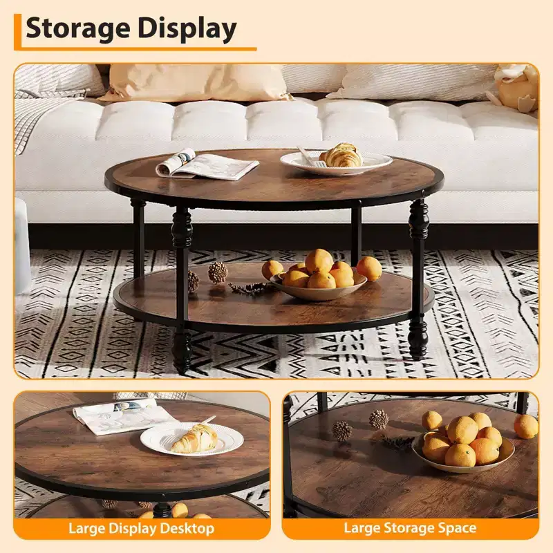 COZONY Round 2-Tier Rustic Coffee Table with Wood Top & Sturdy Roman Column Metal Legs, Easy Assembly Living Room Center Table