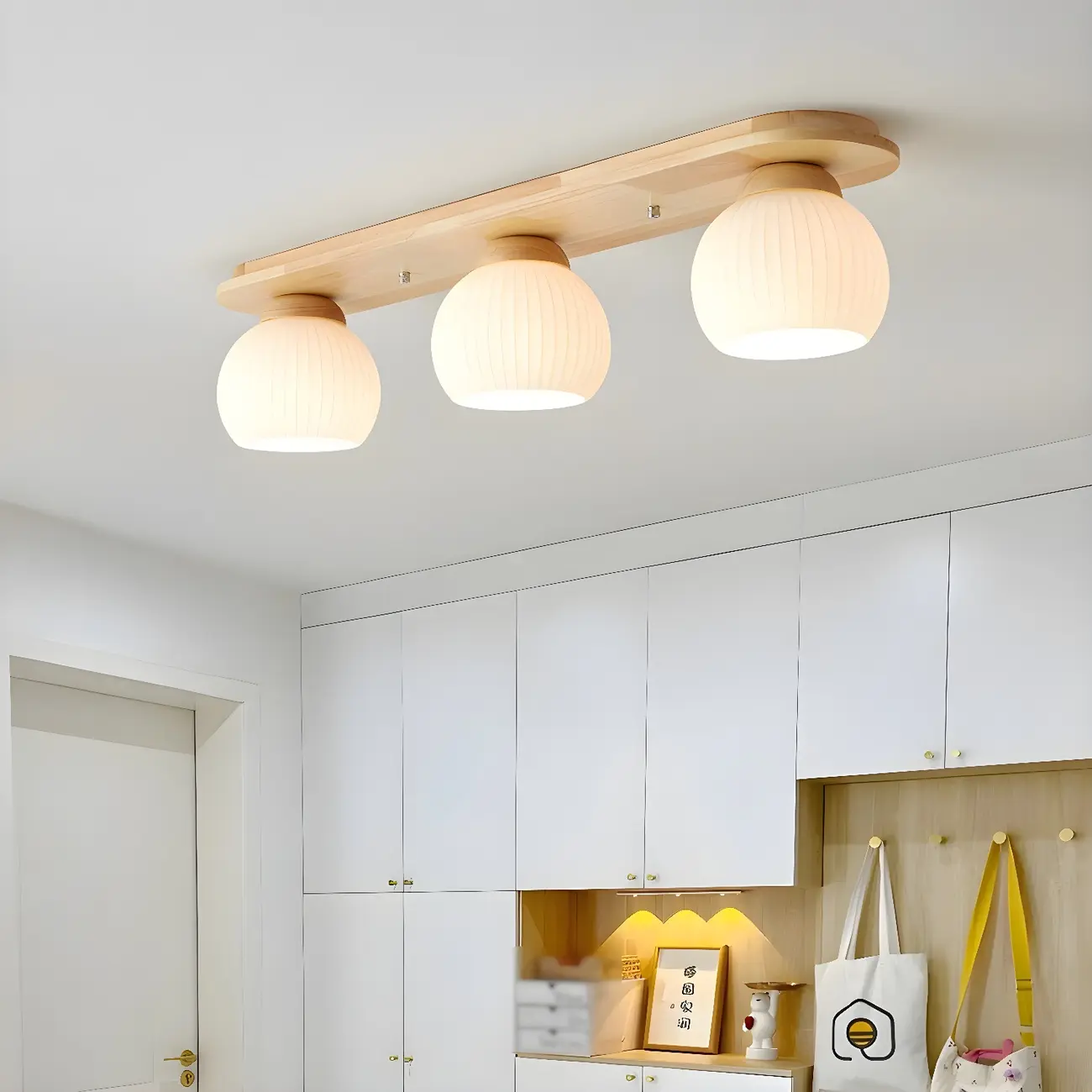 White Globe Glass Natural Wood Flush Mount Ceiling Light