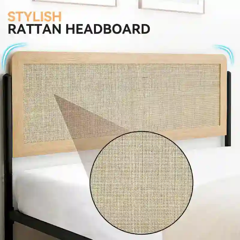 Bed Frame with Curved Rattan Headboard, MDF & Metal, No Box Spring, 700 lbs, Full/Queen