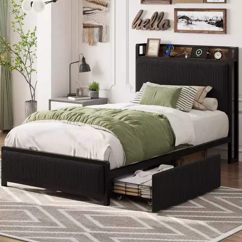 Twin XL Upholstered Platform Bed Frame with Storage, Black, 1-Person