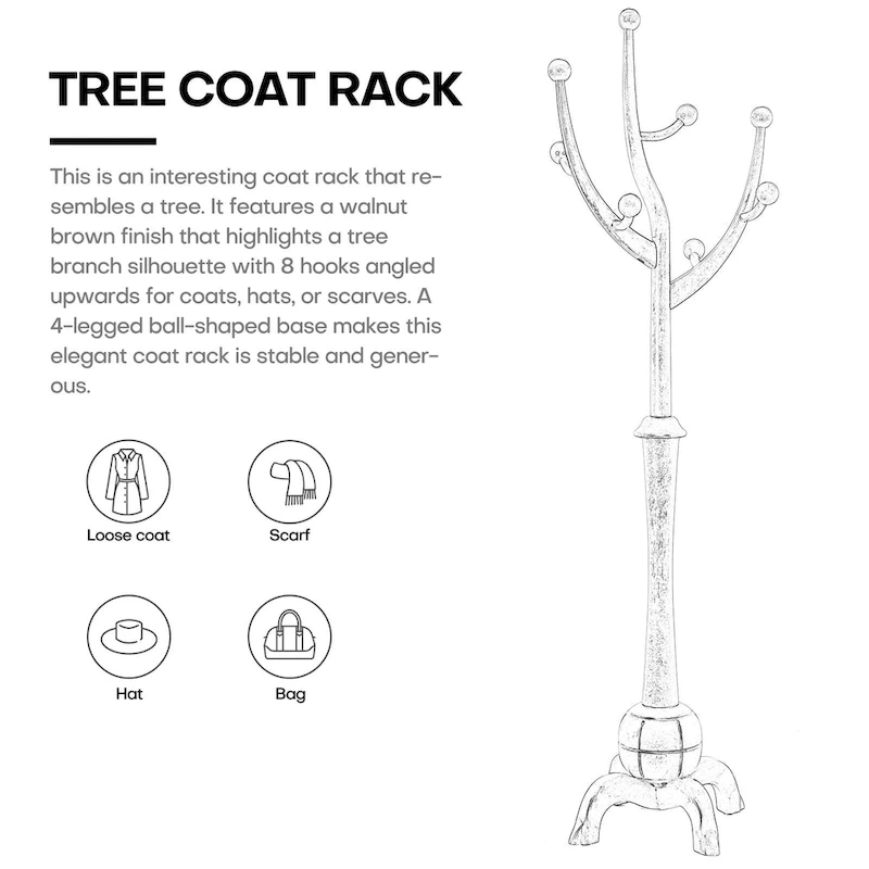 Tree-branch Rubberwood Freestanding Coat Rack with 8 Hooks - 24.5W x 70.87H