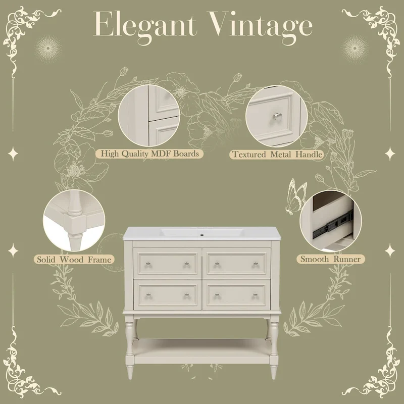 36 Bathroom Vanity Cabinet with Sink Combo Set, Undermount Ceramic Sink, Free Standing Vanity Set with 4 Drawers