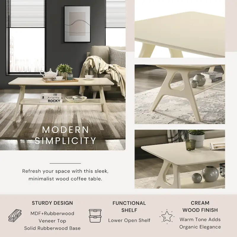 Roundhill Furniture Arona Mid-Century Modern Wood Coffee Table with Shelf