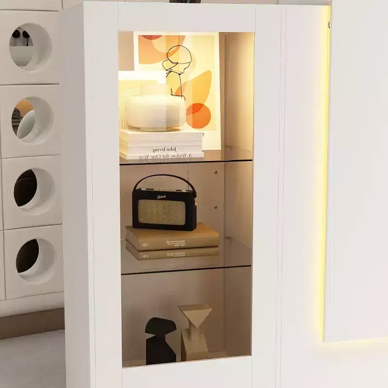 White Reception Desk Counter Table with Glass Display Shelves and LED