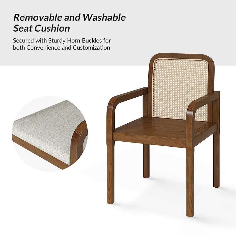 Modern Rattan Back Dining Chair with Removable Cushion - Rubber Wood Frame, Linen Upholstery