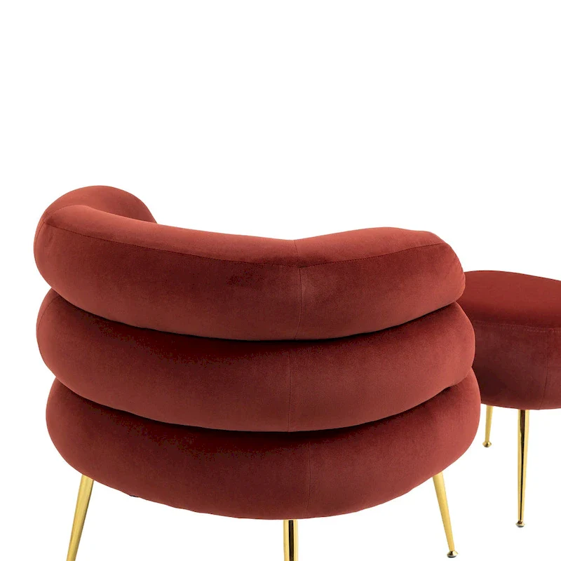 Wine Red Upholstered Barrel Chair with Ottoman and Metal Legs