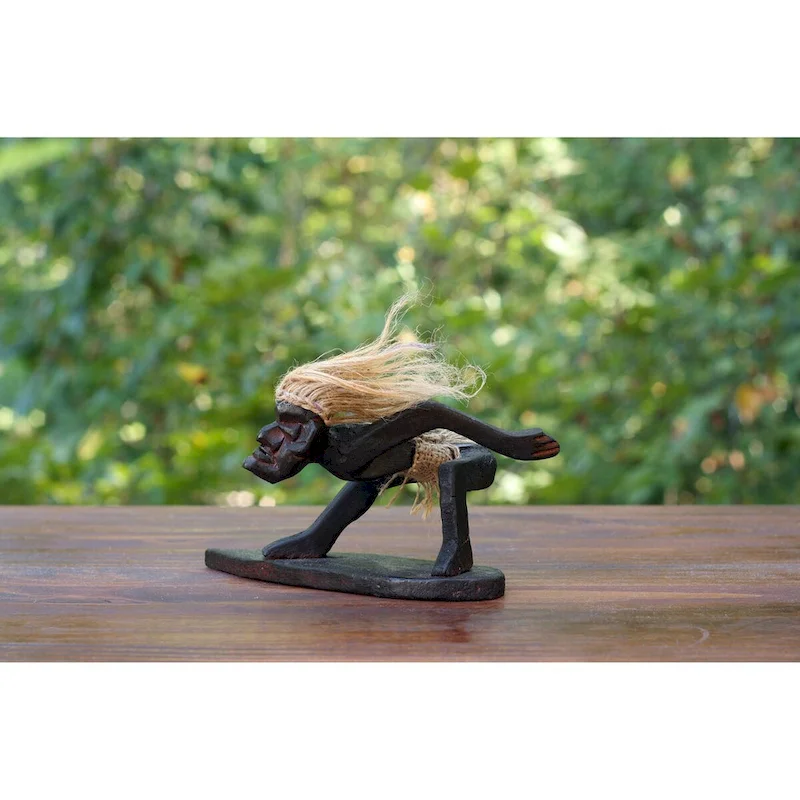 Handmade Wooden Primitive Tribal Funny Statue Surfing Sculpture Tiki Bar Figurine Hand Carved Surf