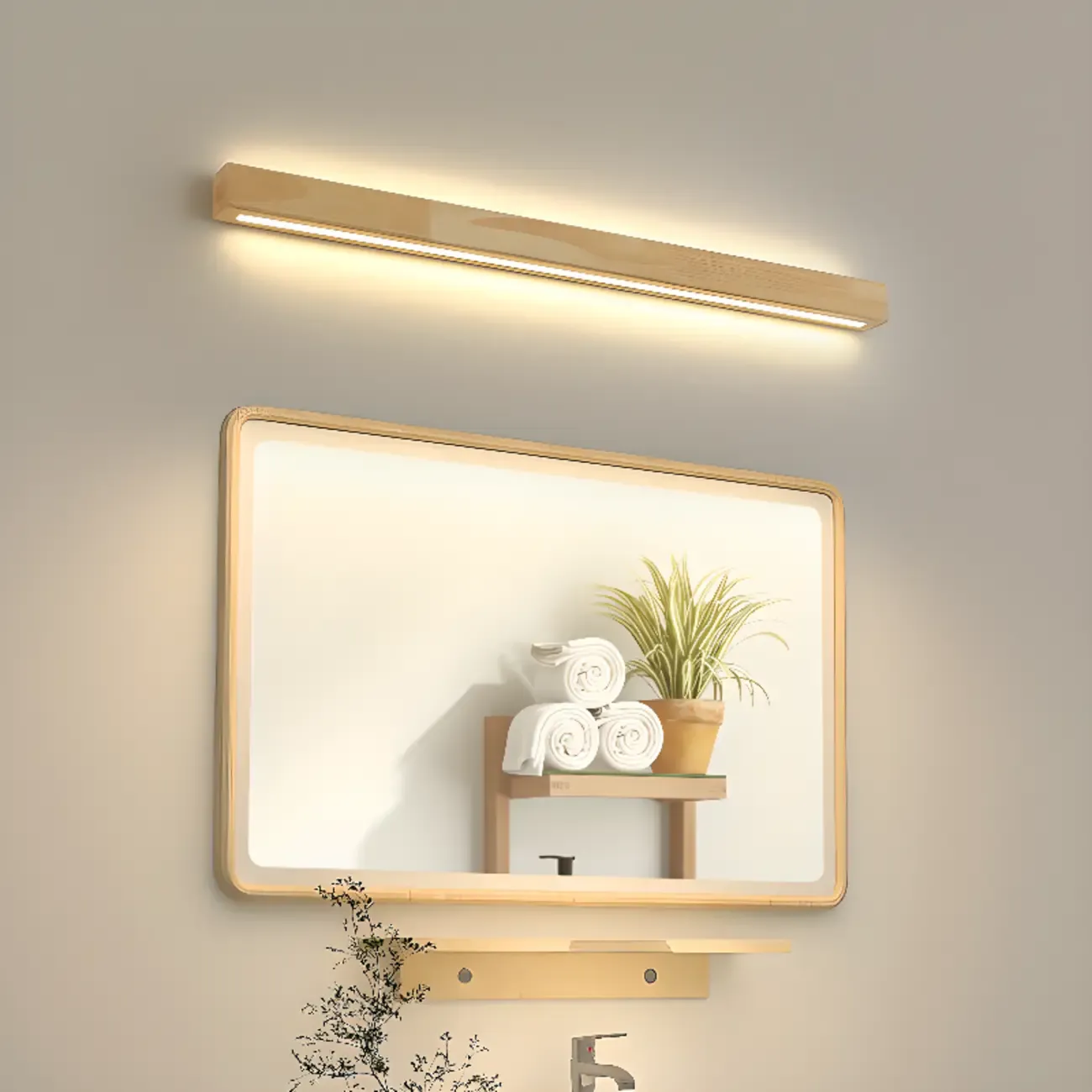 Modern Linear Wood LED Vanity Lights with Dual Shade