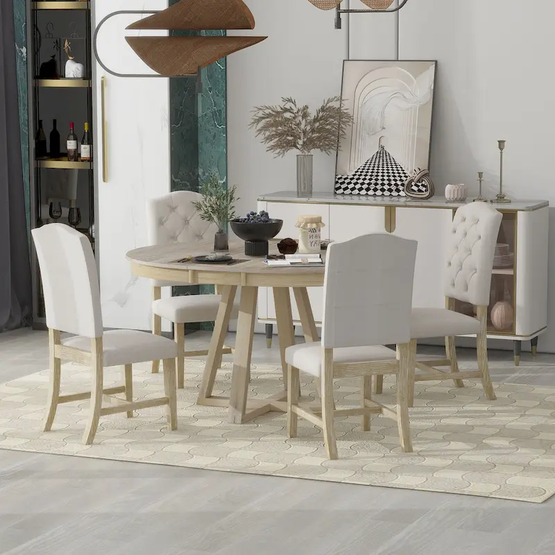 5 Piece Extendable Round Dining Table Set, Wooden Kitchen Furniture Set with Removable Leaf and 4 Upholstered Chairs