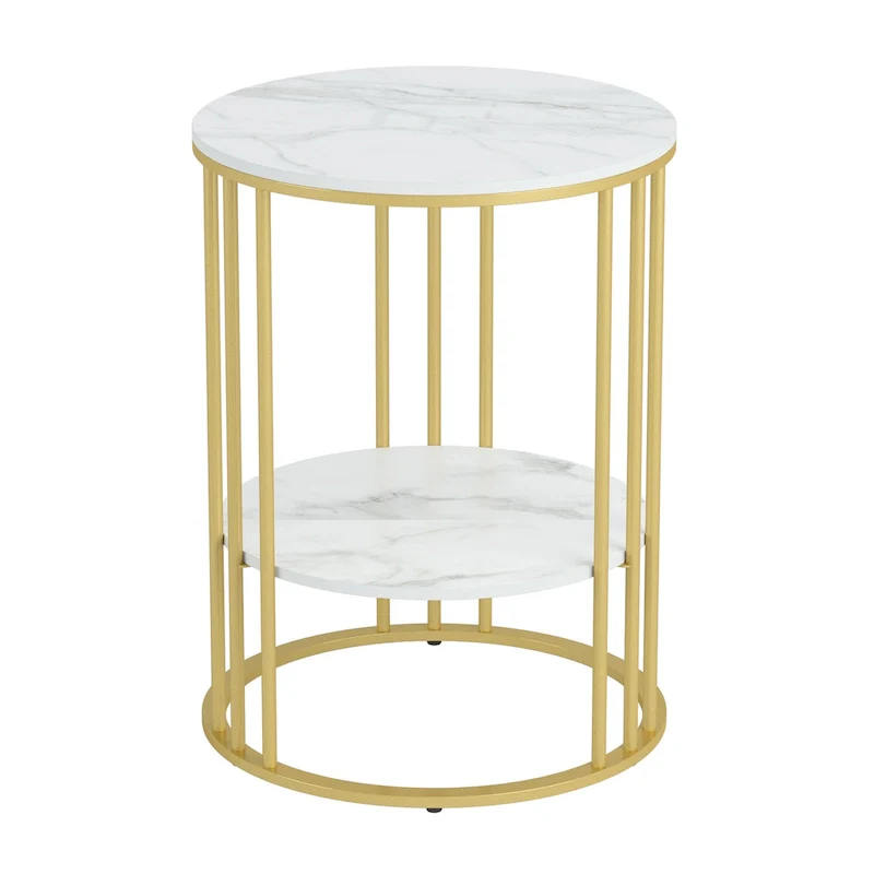 2 Tier Round Sintered Stone End Table Sofa Side Table with Golden Frame