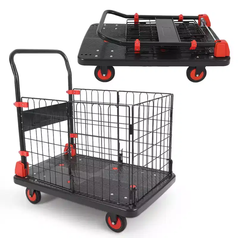 Black Foldable Metal Platform Cart with Cage Fence, 1000LBS Capacity